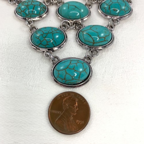 Fashion Large Bib Necklace Simulated Turquoise Cabochons Faux Silver Mountings - Picture 6 of 6