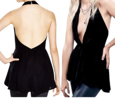 Free People Top Samt schwarz rückenfrei Ausschnitt Neckholder Schößchen Party XS XXS
