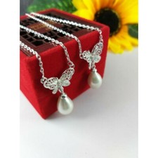 Pretty Freshwater Pearl Sterling Silver Butterfly Pendant Necklace Party Jewelry