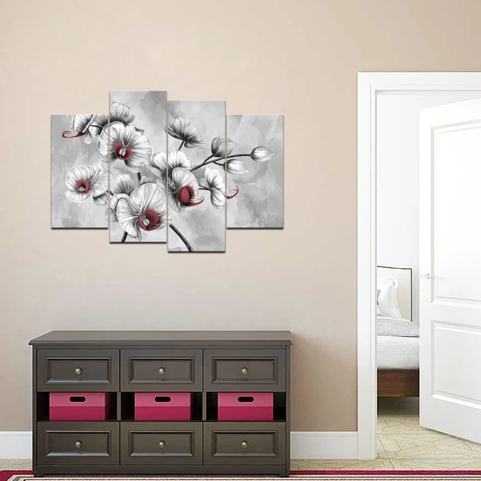 OuElegent 4 Piezas Gris y Borgoña Arte de Pared Lienzo Orquídea Flor Pintura Pi... Foto 4 de 4