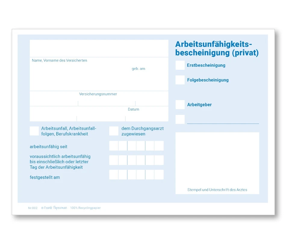 Frank Paperman® | Ärztliches Attest Privat | 150/300 Blatt | Arbeitsunfähigkeit