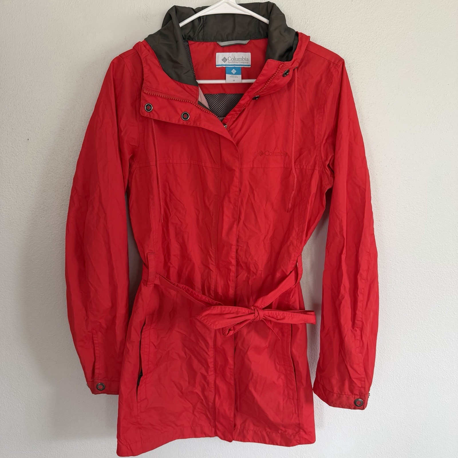 Columbia Lightweight Hooded Rain Jacket Tie Waist Coral Red Trench Coat Womens M