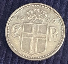 1940 Iceland 1 Krona Coin Danish Kingdom WWII Era Europe World Coin 1 Króna