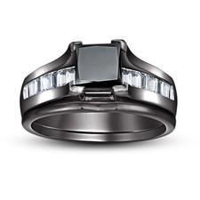 2 CT Princess Lab Created Diamond Bridal Wedding Ring Set 14K Black Gold Over