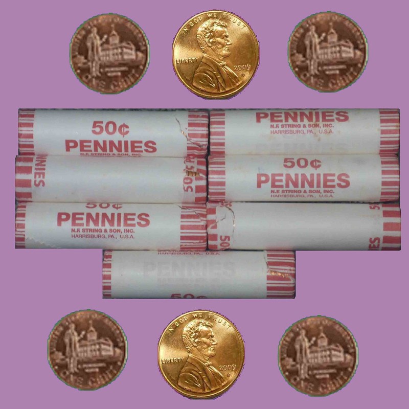 7 bank-wrapped 2009-D H/T rolls-350 Unc Lincoln penny- Professional Life Reverse