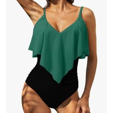 Women's One Piece Swimwear Ruffled V Neck Tummy Control Padded Green Medium NEW
