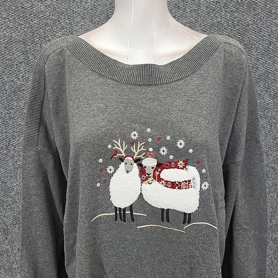 CJ Banks Womens Sweatshirt 3X Plus Size Gray w Holiday Embroidery Pullover Top - Image 4 of 4