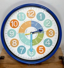 Educational Wall Clock Kids Classroom Learning Time Blue 12" Ticking