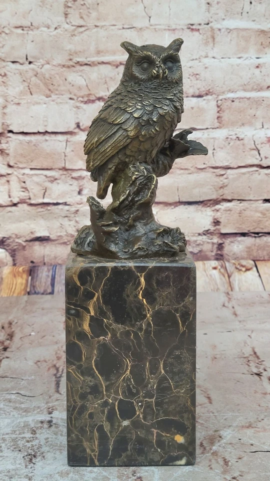 Escultura de bronze, estátua feita à mão animal coruja figura pura em base de mármore obra de arte - Imagem 3 de 4