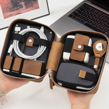 Pure Leather Portable Electronic Organizer Travel Cable Storage Bag Cord Case