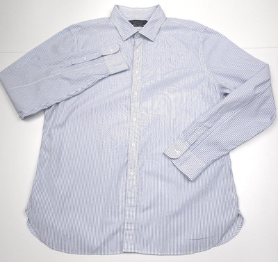 Bloomingdales Slim Stretch Blue White Striped Button Up Shirt Mens Size Medium