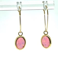 14K Yellow Gold Oval Bezel 8x6mm Lab Pink Opal Triangular Ear Wire Earrings, .7G