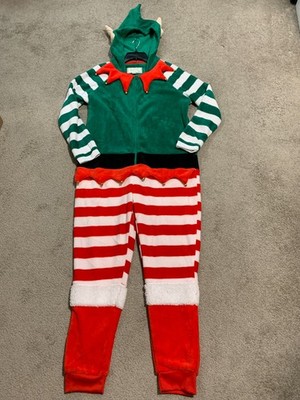 Christmas Elf One Piece Green Costume Womens Sz Large Jumpsuit Velour Hood Ears