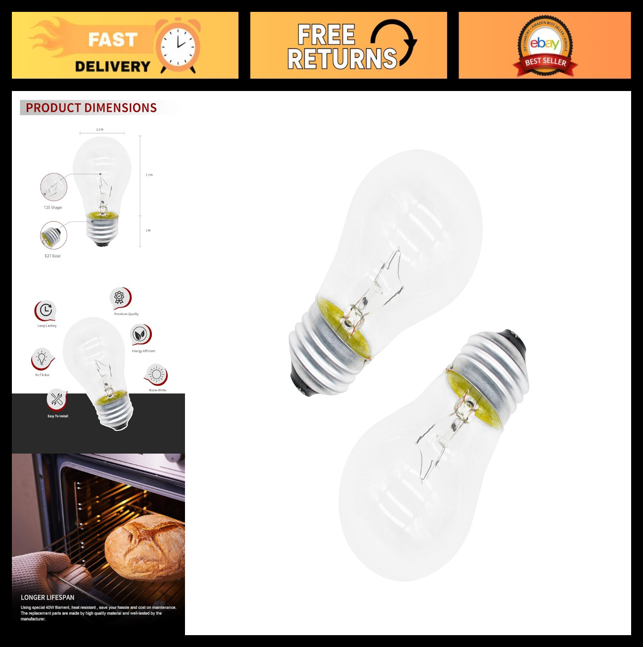 40W A15 Appliance Oven Light Bulb 120V - Replacement for Stove, Microwave, Refri