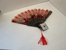 Vintage Hand Held Fan Gold Pink Red Flowers Floral Folding
