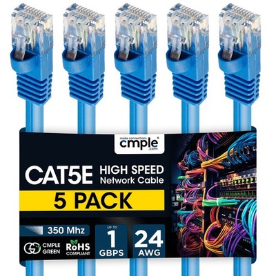 5 Pack Cat5e Ethernet Patch Cable 1.5ft-15ft High-Speed Internet LAN Cord Blue