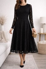 SHEIN Black Lace Dress Size XL US 12 Long Sleeve Fit & Flare Midi Elegant Party