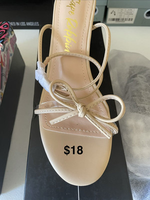 Cape Robbin Women s Beige Strappy Square Toe Bow Slip-On Heels US 8