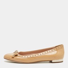 Miu Miu Beige Patent Leather Studded Bow Ballet Flats Size 38.5