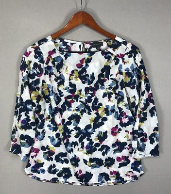 The Limited Top Women s Small White Blue Floral Popover Blouse Round 3/4 Sleeve