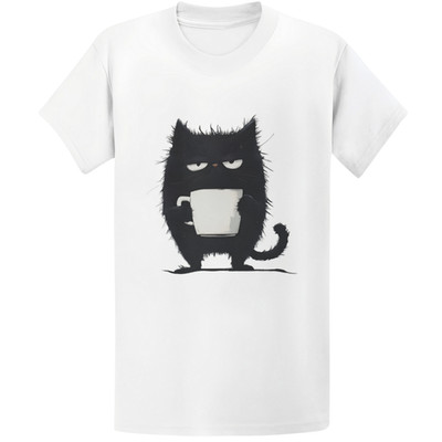 Gildan 5000 Grumpy Black Cat Coffee T-Shirt - Kawaii Tired Cat Lover Gift Tee