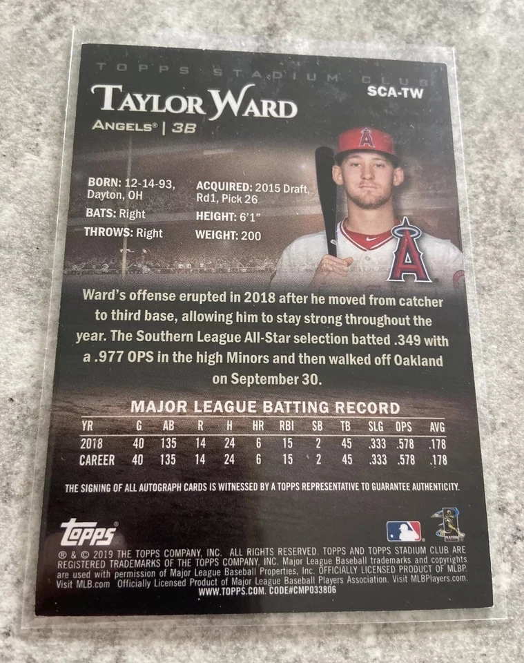 2019 Topps Stadium Club Taylor Ward RC On Card Auto w/ OHTANI Angels! - Image 2 of 2
