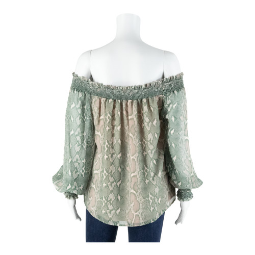 TOPSHOP Snake Skin Off the shoulder Blouse Green Long Sleeve Womens UK 10 - Picture 3 of 5