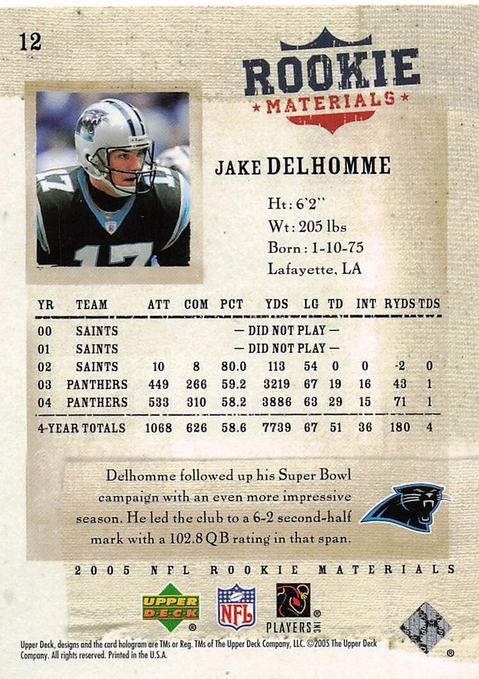 2005 Upper Deck Rookie Materials #12 Jake Delhomme - Image 2 of 2