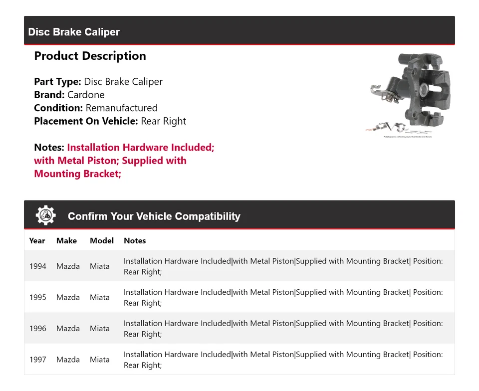 Pinza de freno de disco trasera derecha cardone 1995 1996 para Mazda Miata 1994-1997 Foto 2 de 4