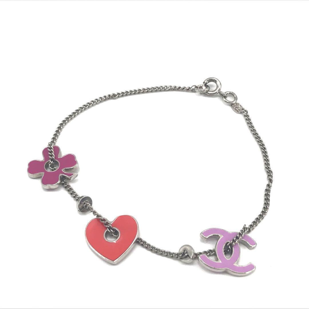 Vintage CHANEL Pink CC Logo Clover Heart Silver Chain Bracelet Used From  Japan