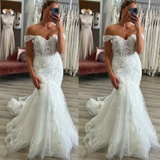 Off the Shoulder Mermaid Wedding Dresses Lace Applique Sweep Train Bridal Gowns