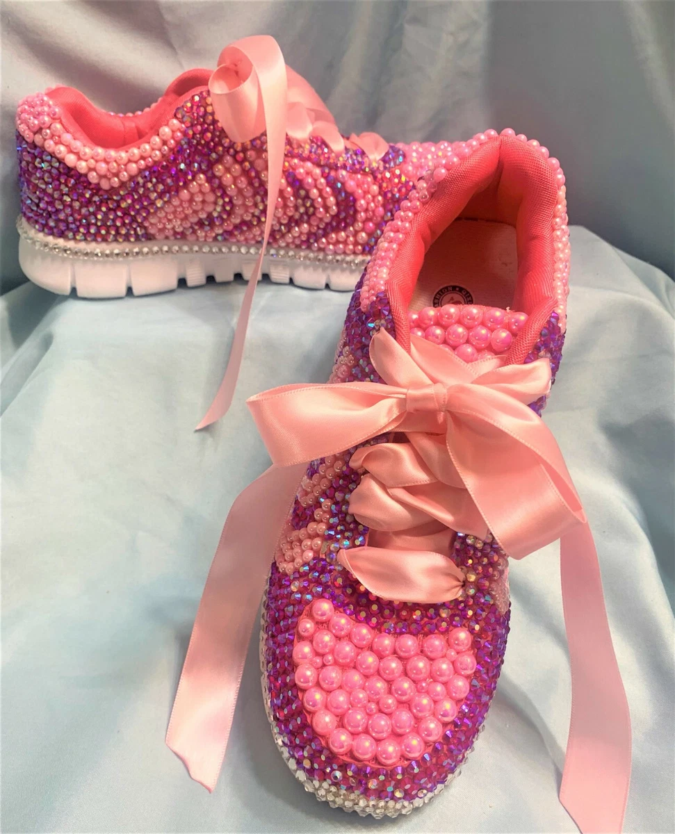 Woman's ( Pink ) Bling Rhinestone and Pearl Tennis Shoes Size 8 US