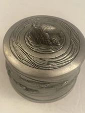 Rare Boma Lead Free Fine Pewter Sealion & Trout Trinket Box Container