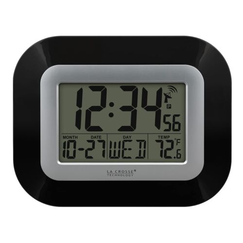 WT-8005U-B-INT Atomic Digital Wall Clock with Indoor Temperature Black