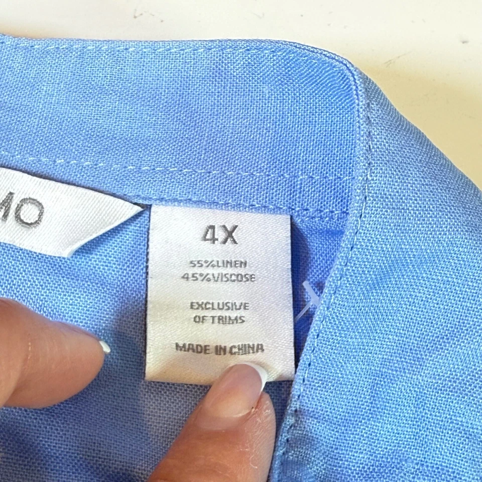 Linea Uomo Linen Blend Shirt Band Collar Short Sleeve Blue 4X - Image 4 of 4