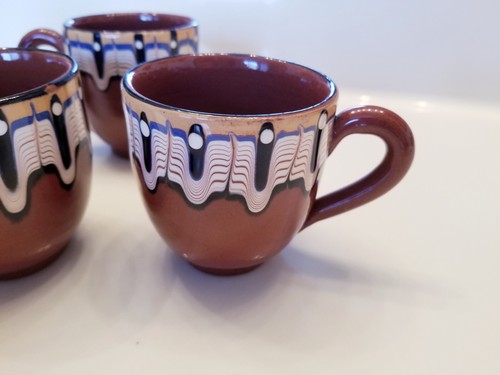 Vintage Tea Cups Bulgarian Troyan Drip Pottery Glazed Terra Cotta Set of 6 - Picture 6 of 12