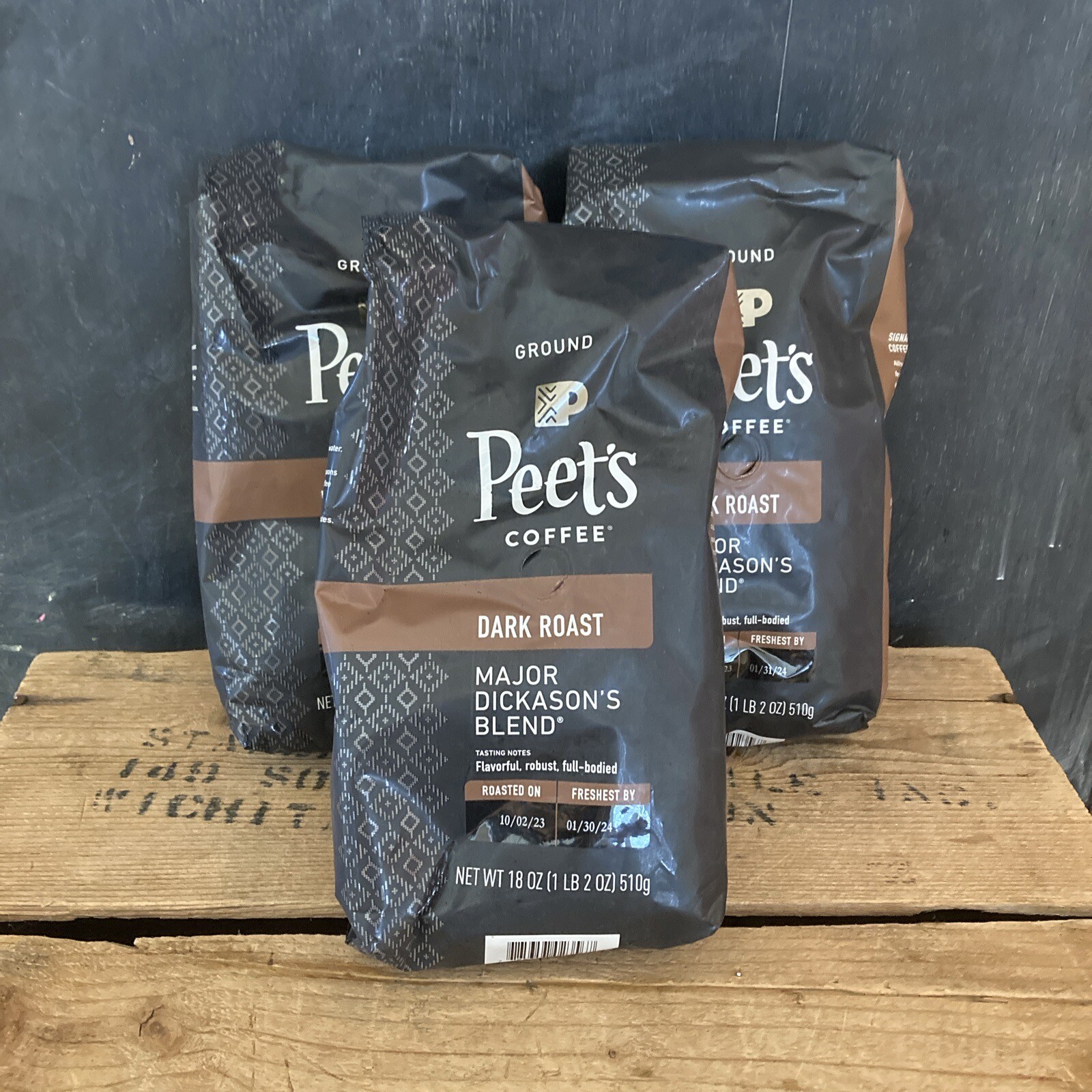 3x Peet's Coffee Dark Roast Ground Coffee Major Dickason's Blend 18oz