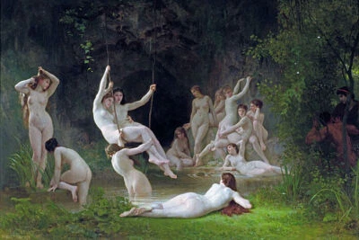 GREATVINTAGEPOSTERS THE NYMPHAEUM LA NYMPHÉE NUDE GIRLS NYMPHS PAINTING ART BY WILLIAM A BOUGUEREAU
