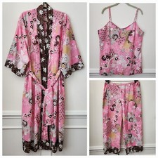 Vintage 3PC NATORI Pink Floral Exotic Bird Robe w/Belt, Top  Pants L/XL