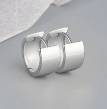 316L Stainless Steel 7mm Wide Band Silver Hoop Huggie Earrings Men Women 7x9mm