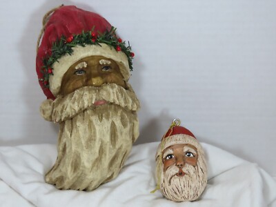 2 Old World Santa Faces Christmas Folk Art Painted DJS Ornament Lot 2.5-6'' C9825