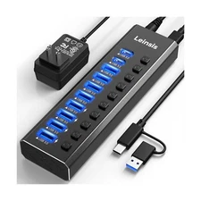 Powered USB Hub 3.2, LEINSIS 10-Port USB 3.2/USB C Hub (10Gbps USB-A 3.2 +2 U...