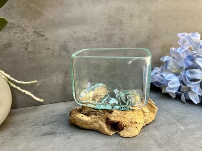 Quadratische geschmolzene Glasschale auf Wurzelholzsockel Ständer Ornament Vase Schmuck klein