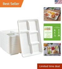 100% Compostable 5-Compartment Paper Plates, 100 Pack - Eco-Friendly Tableware