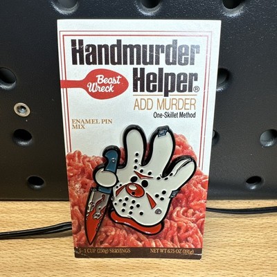Horror Parody Handmurder Helper Enamel Pin - Jason Vorhees Hamburger Helper Logo