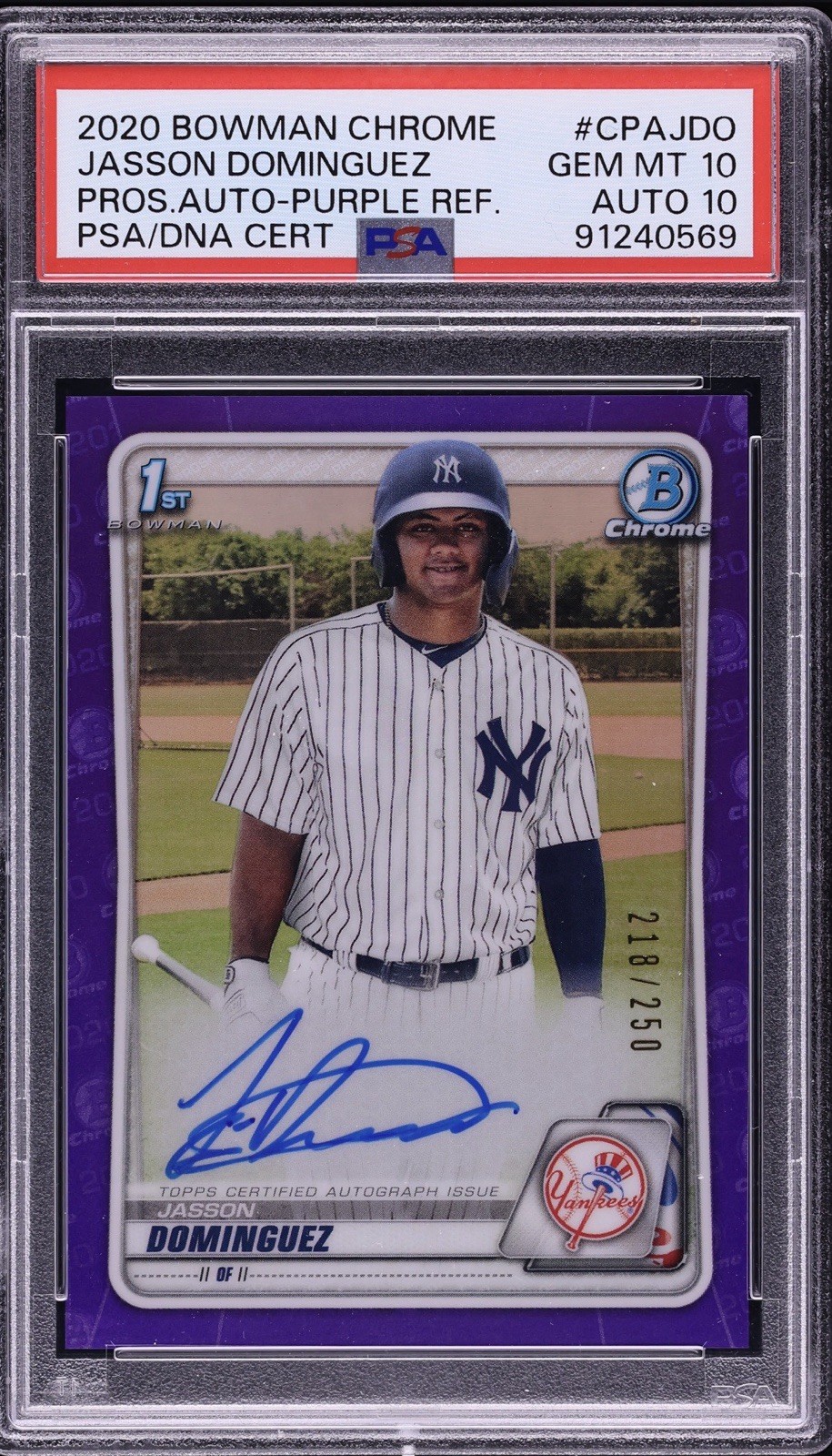 2020 Bowman Chrome Jasson Dominguez Purple Refractor Auto RC /250 PSA 10 Yankees