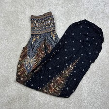 Harem Pants Womens Medium Black Boho Paisley Harem Pants Peacock Print Rayon