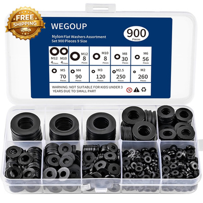 #ad #ad 900 Piece Nylon Flat Washer Assortment Kit Black Plastic Flat Washers for Bolts $9.99
