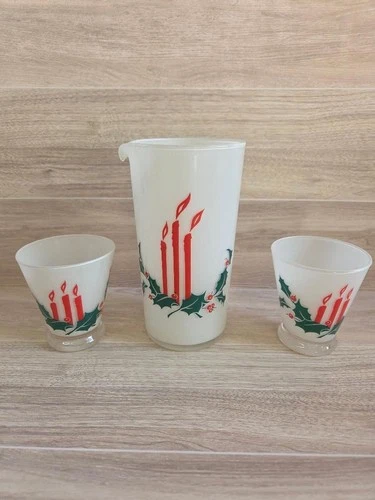 Rare Vtg Federal Glass Holiday Candle Holly Barware Sm Pitcher 2 Shot Glasses