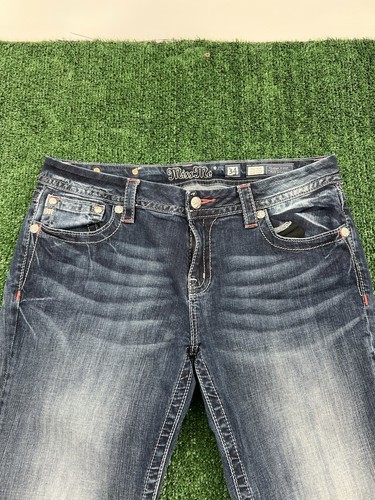 Miss Me Jeans Women's 34 Blue Denim Mid Rise Easy Crop Embellished Bling Flap - Picture 3 of 9